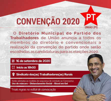 PT de União realizará sua Convenção Municipal na próxima quarta-feira (16)